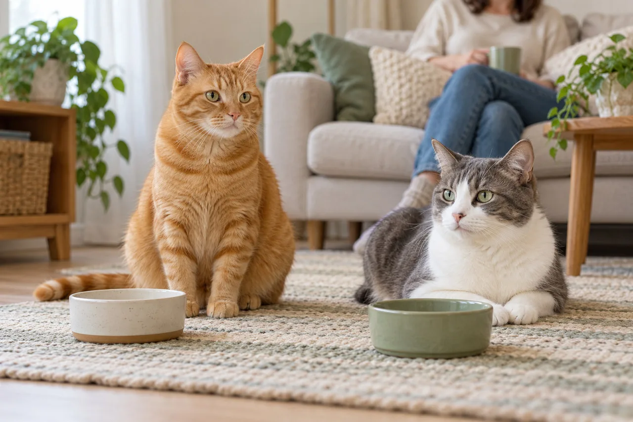 Two cats beside food bowls in a home